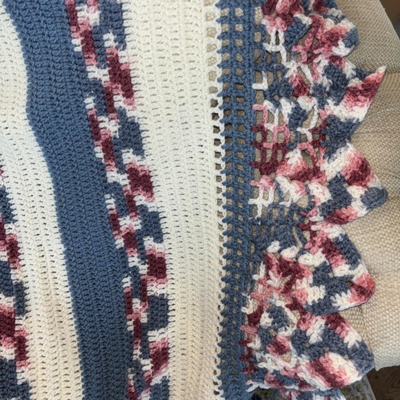 Vintage Handmade Crochet Afghan Striped Blanket 92 x 50"  Scalloped Detail Edges - Picture 5 of 9